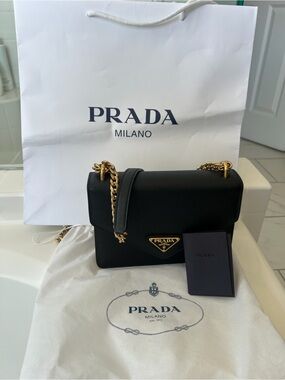 Prada Black Saffiano Leather Shoulder Bag with Gold Chain